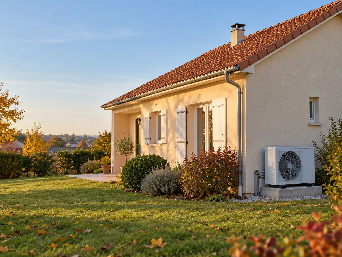 Maison individuelle de plain-pied avec l'unité extérieure d'une pompe à chaleur air/eau posée contre la façade